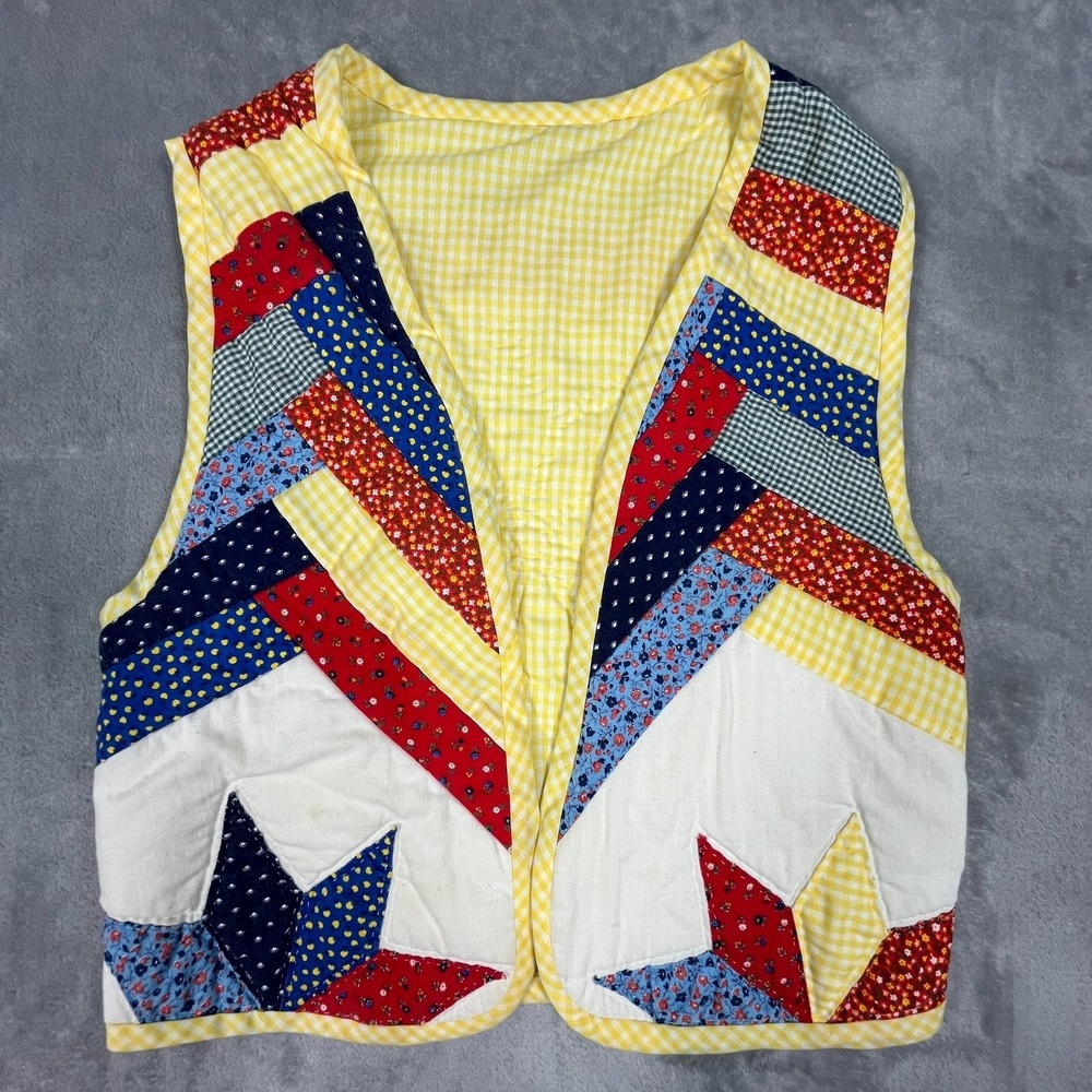 Vintage Quilt Vest Handmade Size S Patchwork 8-Pt Star Americana Prairie Cottage